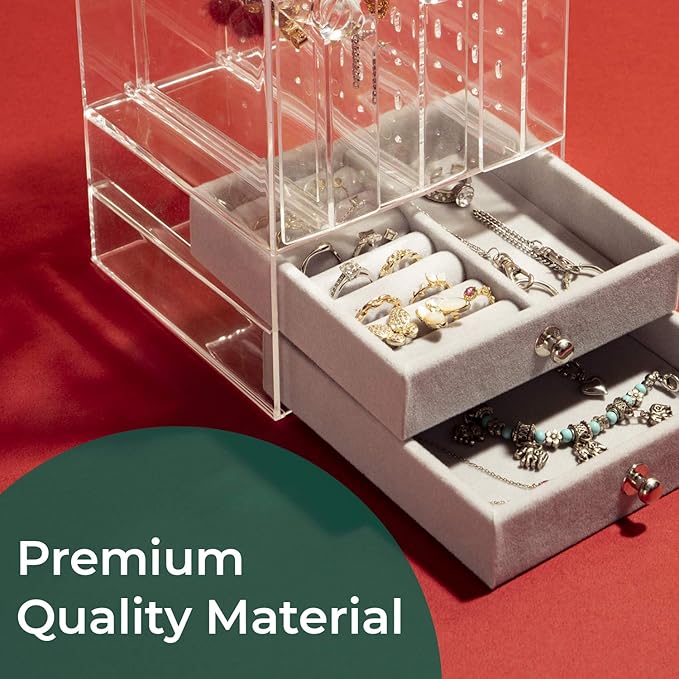 DOZZZ Acrylic Jewelry Organizer Box with 5 Drawers for Women, Clear Earring Holder Storage Display Stand Rack for Rings Necklace Bracelet