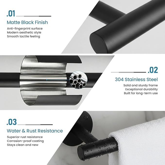 Towel Bar, 24 Inch Towel Racks for Bathroom Wall Mounted, SUS304 Stainless Steel Bathroom Towel Holder, Modern Home Decor Towel Rod and Kitchen Towel Shelf (Matte Black)
