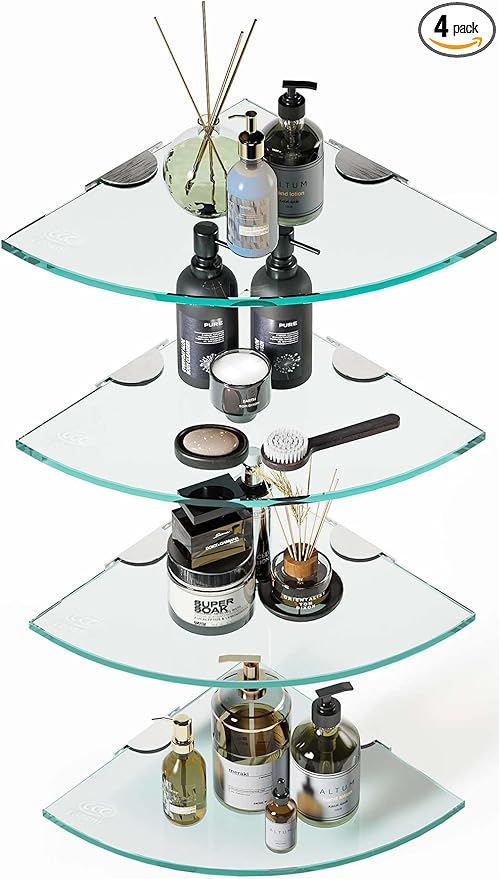 Set of 4 Bathroom Corner Glass Shelf Tempered Glass Shelves for Shower Wall Corner Caddy Basket Triangle Wall Shower Shelf Shampoo Bottle Holder No Drilling Adhesive Wall Mount Bathroom Shelf