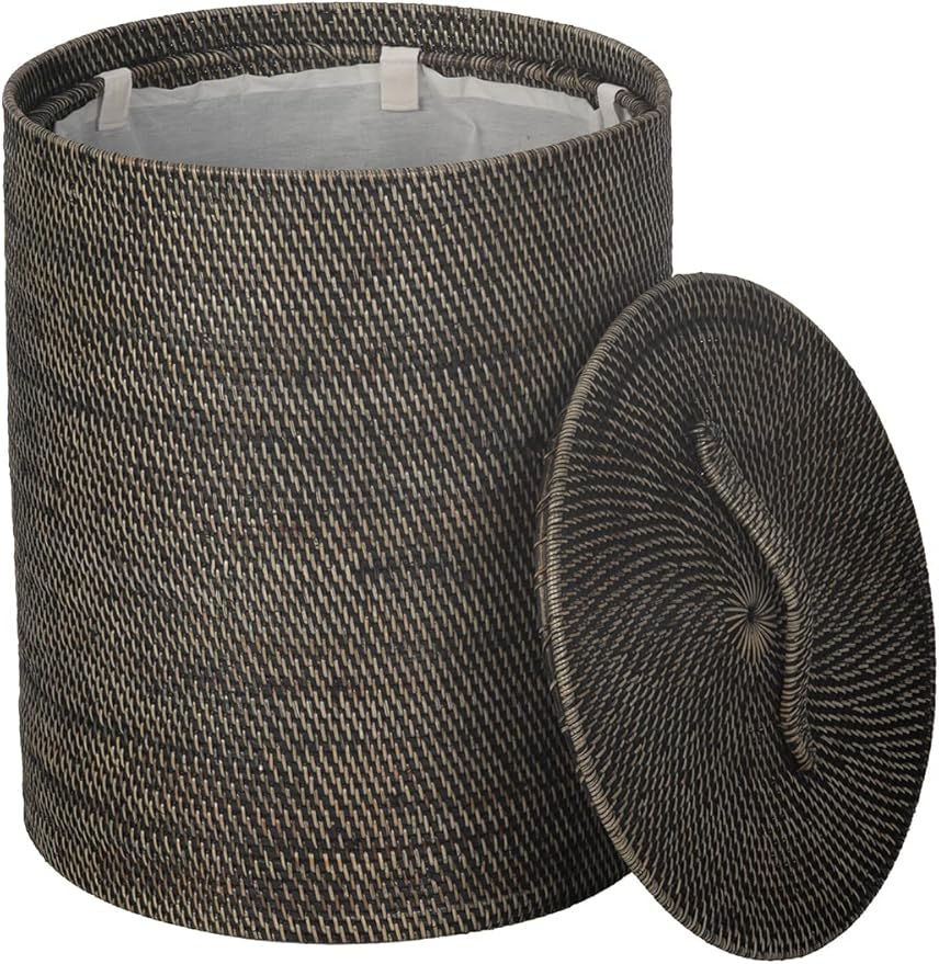 KOUBOO Loma Round Rattan Hamper & Laundry Basket with Lid Removable Liner, Perfect for Home Storage, Bathroom, Bedroom, Kids Room, Nursery, Black-Wash