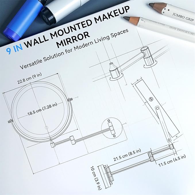 9'' 30X/1X Wall Mounted Lighted Makeup Mirror, 5000mAh Rechargeable Double-Sided Magnifying Mirror with Light, Bathroom Mirror Touch Dimmable 3 Colors 360° Rotation Extended Arm, Power Adapter