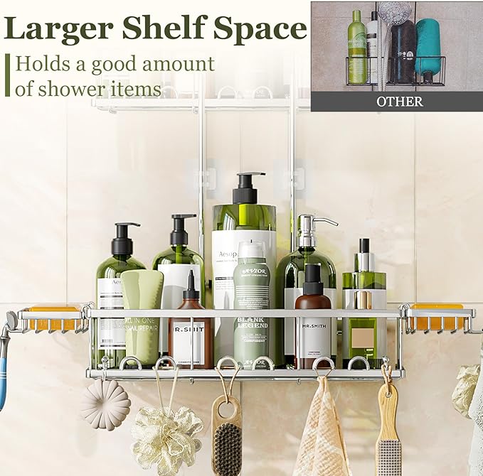 Skyapex Shower Caddy Hanging: Adjustable Height, Rustproof Shelves with Hooks, 2 Soap Holders - Silver Shower Organizer Over Showerhead