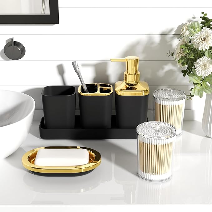 XLHOMO Bathroom Accessories Set - Luxury Black Bathroom Set, 9 Pieces Bathroom Accessory Set, Black Bathroom Accessories with Trash Can, Toilet Brush & Soap Dispenser