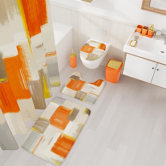 XLHOMO Bathroom Accessories Set - 25PC Bathroom Set with Shower Curtain and Rugs, Orange Bathroom Set, Bathroom Accessory Set with Press-on Lid Trash Can, Soap Dispenser and Qtip Holders