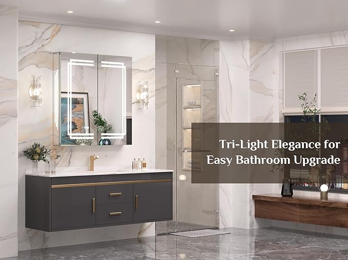 Keonjinn 30 x 32 Inch Lighted Medicine Cabinet with Lights, LED Medicine Cabinet Mirror for Bathroom, Tempered Glass, Adjustable Shelves, No Outlets, 3 Color Temperature, Anti-Fog, Surface Mount Only