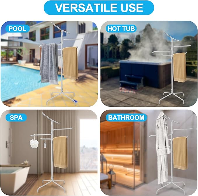 Pool Towel Rack Outdoor, Heavy Duty Freestanding Towel Holder Stand with 6 Bars & Stable Metal Base, 52-inch Tall Hot Tub Towel Hanger for Poolside, Spa, Bathroom, Sauna (White)