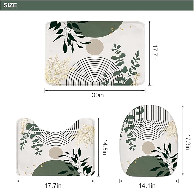 Riyidecor Boho Sage Green 4Pcs Shower Curtain Set with Toilet Lid Cover and Non-Slip Rugs, Mid Century Modern Minimalist Bathroom Decor Set，Abstract Contour and Bath Mat with 12 Hooks