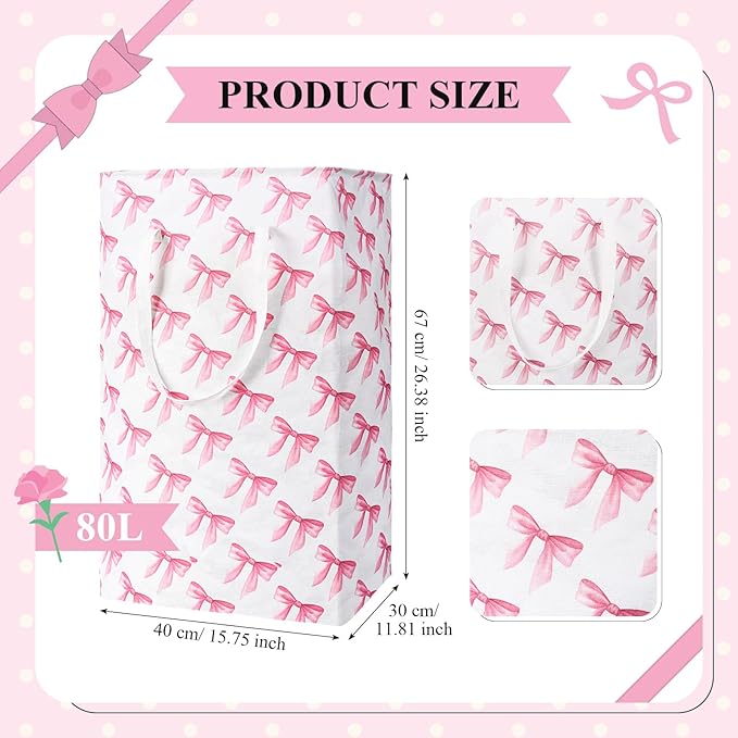 Leinuosen 2 Pcs 80l Large Bow Pink Laundry Hamper Basket with Waterproof Inner Lining, Collapsible Pink Clothes Storage Baskets Bin with Handles for Bedroom, Nursery & Home Organization(Pastel)