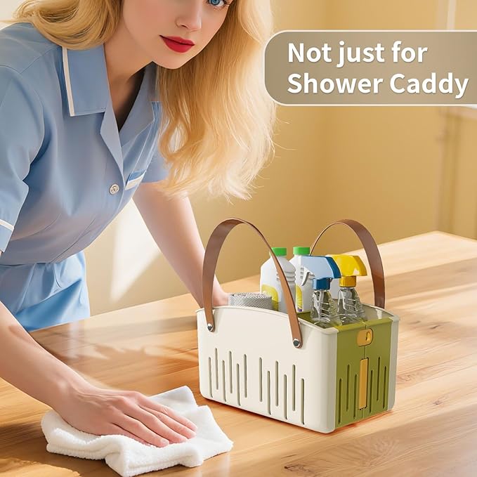 Portable Shower Caddy,Foldable Shower Caddy with Handle and Adjustable Divider,Plastic Shower Storage Basket,Quick Dry Bathroom Shower Organizer Bin for College,Dorm Room,Travel Essentials (Green)
