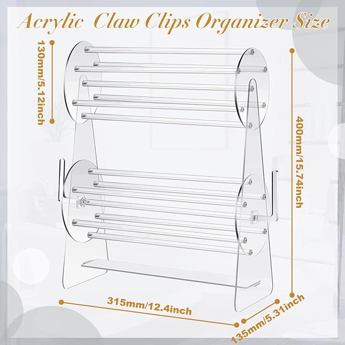Lineshading 2-tier Acrylic Claw Clip Holder 360 Degree Rotating Claw Clip Organizer Hair Accessories Organizer Storage Display Clear Stand for Women Vanity Dressing Table(Round Style)