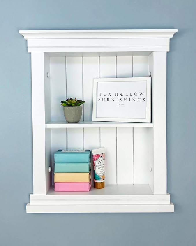 Fox Hollow Furnishings 14x18 Elliot Craftsman Recessed Wood Wall Niche, Open Medicine Cabinet Replacement, in The Wall Bathroom Cabinet Insert Shelves, Made in North America, NO MDF, Beadboard, White