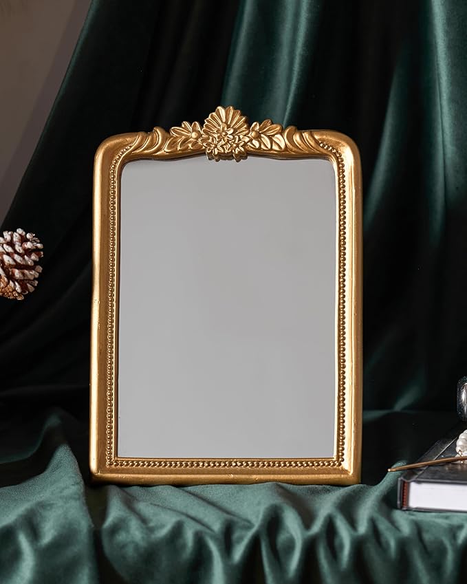 Gold Vintage Vanity Square Mirror, Antique Mirrors for Wall Decorative, Unique Cute Small Mirror, Table Top Makeup Framed Mirrors, Bathroom, Bedroom, Living Room,Fireplace,10.2" L x 7.3" W Gold