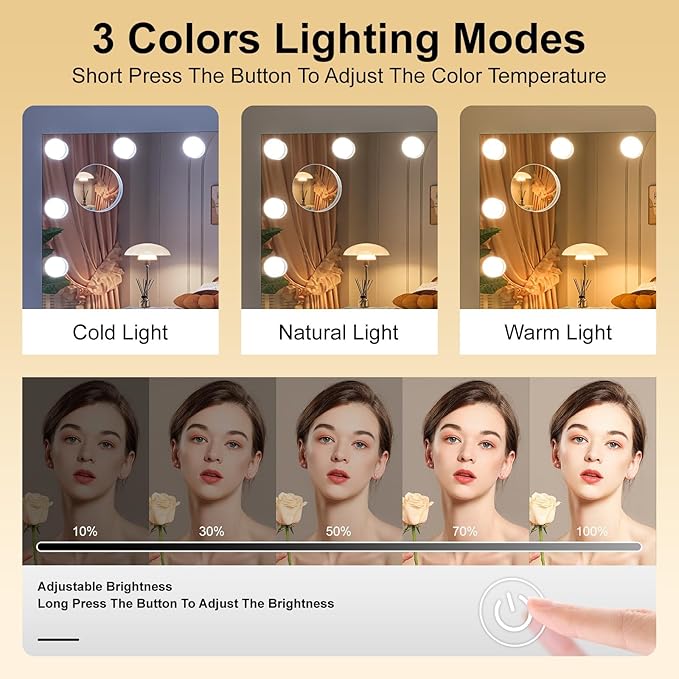 Hasipu Hollywood Vanity Mirror with Lights and Bluetooth Speaker, 29" x 20" Makeup Mirror with 14 Dimmable LED Bulbs 3 Color Modes, 5X Magnifying Glass, Touch Control, USB and Type-C, Tempered Glass