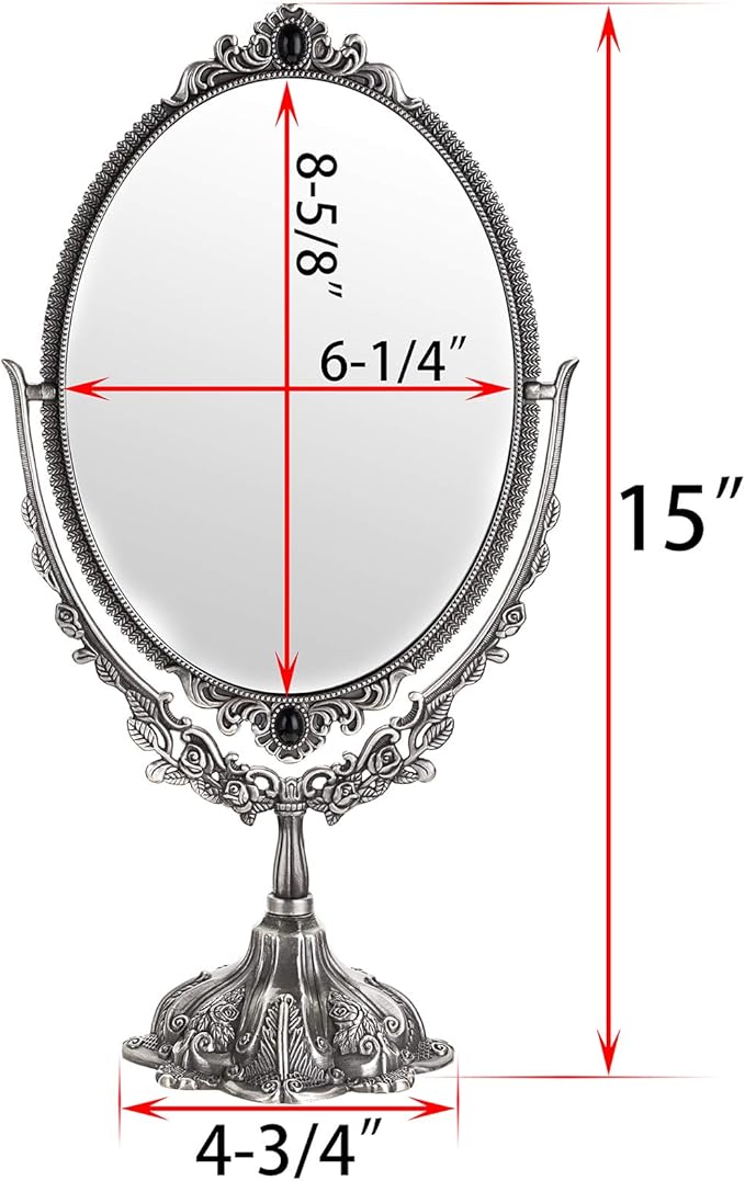 JUXYES Metal Tabletop Antique Decorative Makeup Mirror with Stand, Vintage Swivel Double Sided Cosmetic Mirror with Frame, Retro Desktop Oval Dressing Mirror for Bathroom Bedroom