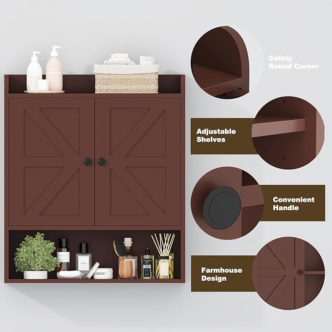 EasyCom 22" W x 26" H Bathroom Wall Cabinet, Farmhouse Medicine Cabinet with Adjustable Shelves and 2 Barn Doors, Over The Toilet Storage Cabinet for Bathroom, Kitchen, Living Room, Russet