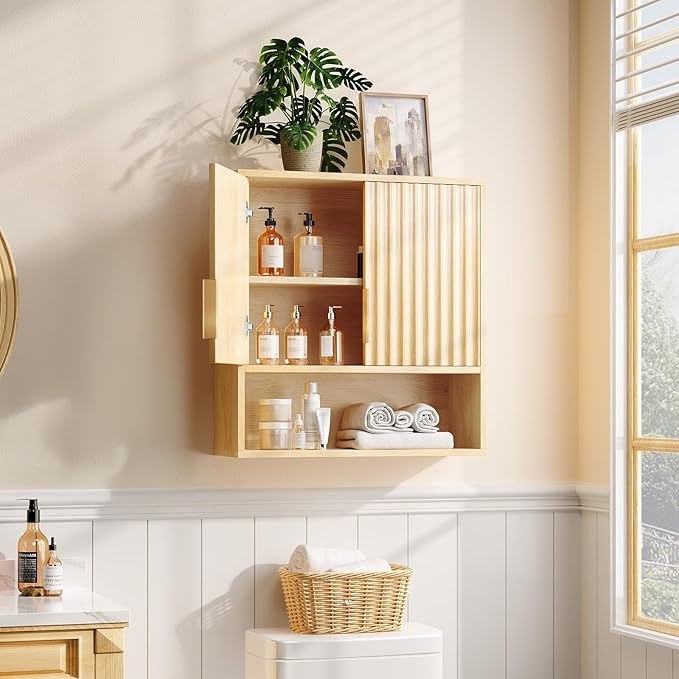 VINGLI Fluted Modern Medicine Cabinet,Bathroom Wall Cabinet Over Toilet Storage, Upper Floating Countertop Storage for Bathroom, Laundry Room,Small Hanging Kitchen Wall Cabinets (Natural Oak Color)