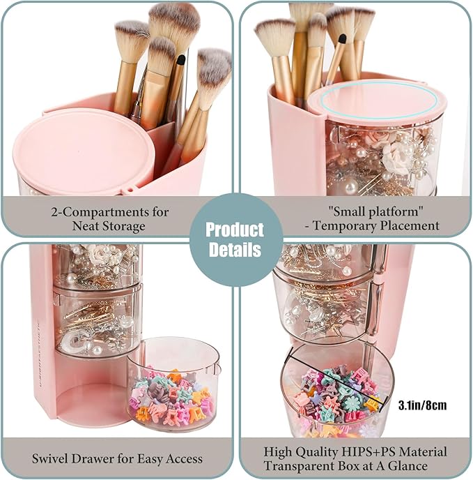 WCHOSOZH 3-Tier Clear Hair Accessories Organizer with Hair Brushes Holder, Rotatable Drawer Makeup Sponge Holder Desktop Organizer Case for Makeup Brush Lipsticks Q-tip Cotton Swab Stationery (Pink)