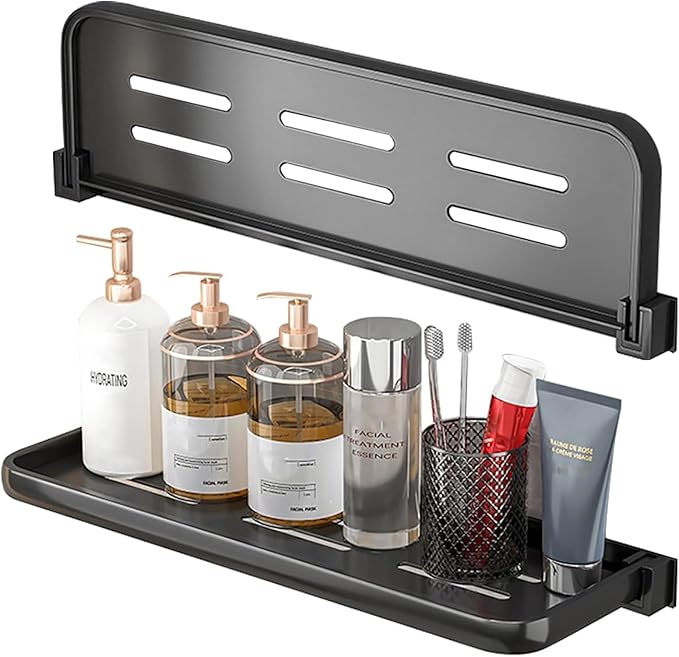 Small Folding Wall Shelf - Waterproof and Rust-Proof 90° fold Down - Easy Installation Folding Metal Shelf, Ideal for RV, Laundry, Toilet, Kitchen and Sofa (Black 2PCS, 15.75inch)