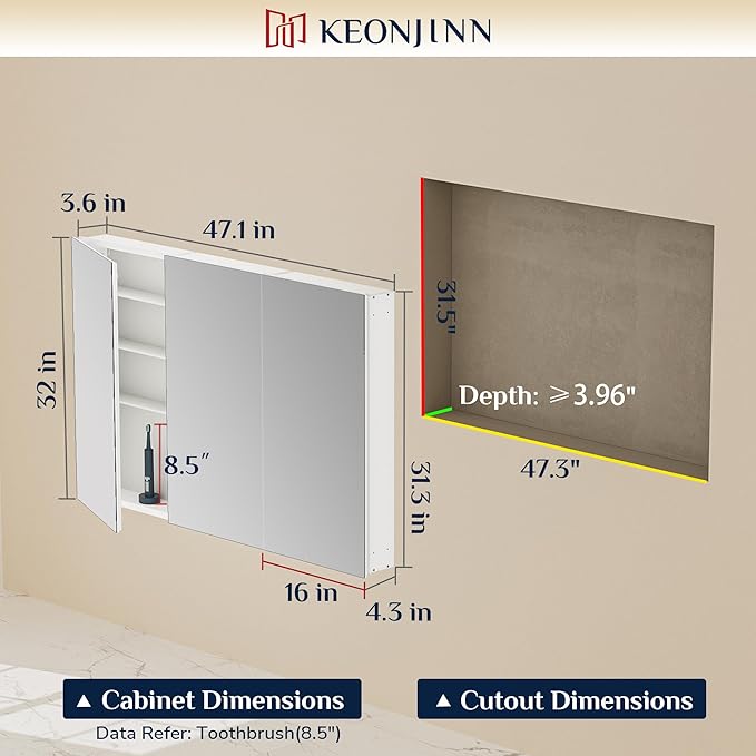 Keonjinn 48 x 32 Inch Large Medicine Cabinet Mirror, Assembly Required, White Bathroom Medicine Cabinets, Aluminum Framework, Adjustable Shelves, Tempered Glass, Soft Closing, Recessed or Wall Mount