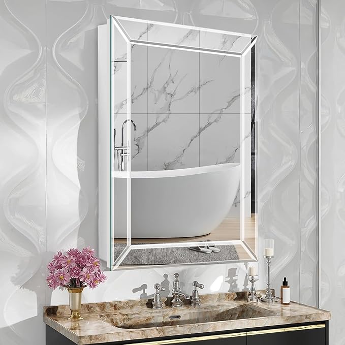 Frameless Bathroom Medicine Cabinet with Beveled Edge Mirror,Surface/Recessed Mount Vanity Storage Cabinet for Bathroom,24x36 Inch