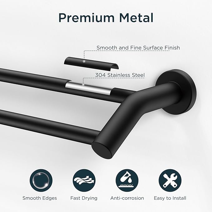 FORIOUS Double Towel Bar 30 Inch, Heavy Duty SUS304 Stainless Steel Dual Towel Racks for Bathroom Wall Mount, Space Saving Towel Rod Towel Holder Rail, Matte Black