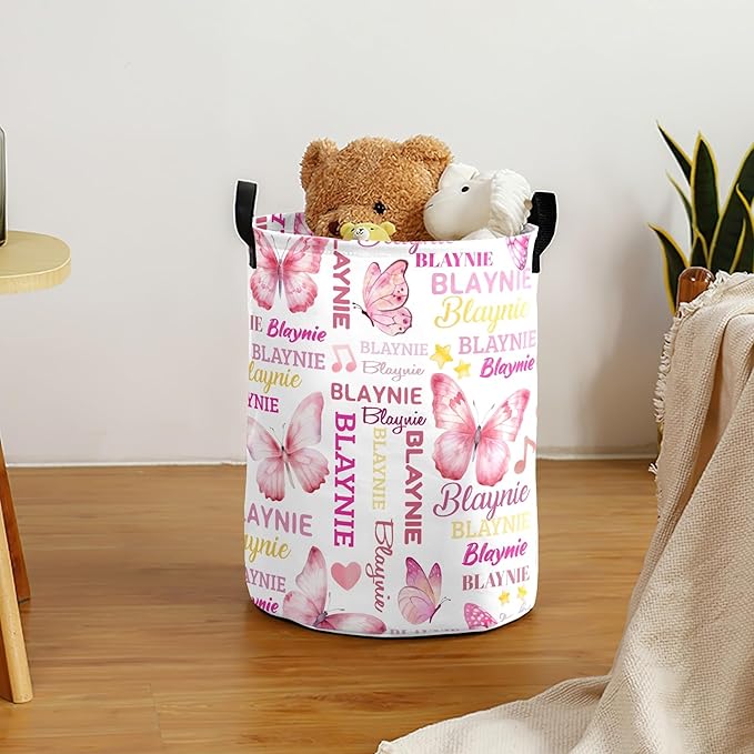 Large Custom Name Laundry Hamper, Butterfly Personalized Dirty Clothes Hamper Storage Basket with Name for Bathroom Bedrooms, Customized Name Circular Hamper with Handles for Baby Boys Girls Men Women