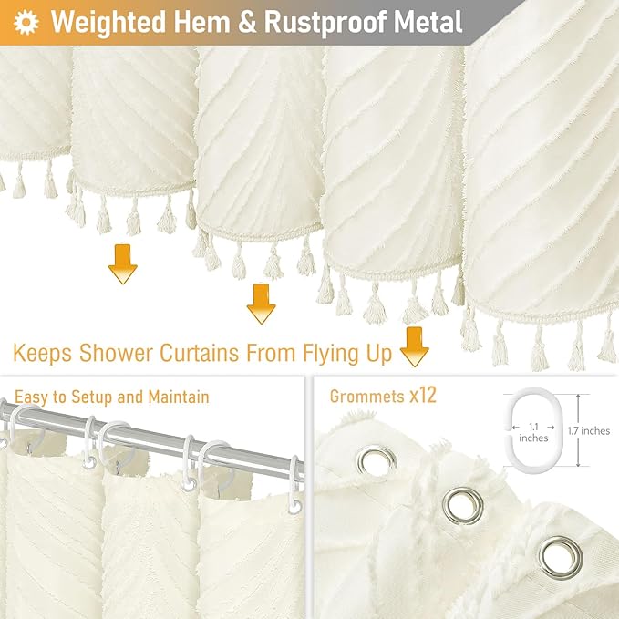 BTTN 80 Inch Long Shower Curtain - 72x80 Boho Farmhouse Tufted Leaves Textured Striped Fabric Shower Curtain Set with Plastic Hooks, Tall Rustic Country Cloth Shower Curtains for Bathroom, Cream/Beige