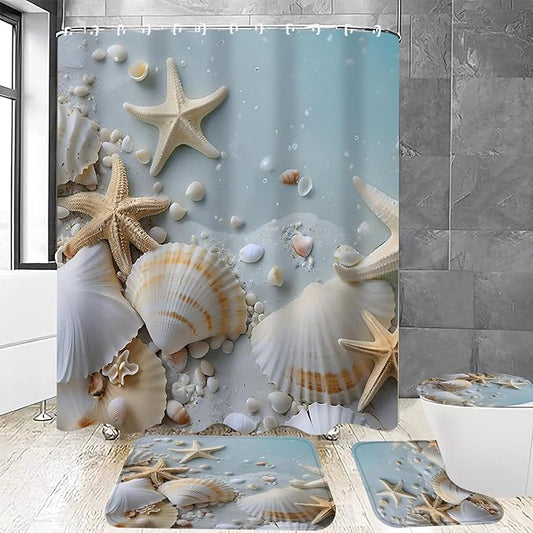 Chrainy 4Pcs Beach Grey Blue Shower Curtain Sets Sea Shell Bathroom Set Decor with Non-Slip Rugs Bath U-Shaped Mat Toilet Lid Cover Waterproof Starfish Bathroom Curtain Shower Set with 12 Hooks
