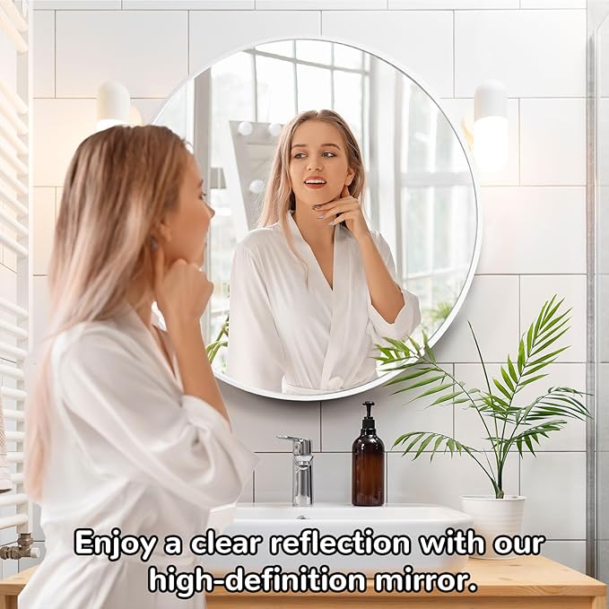 24 Inch Round Medicine Cabinet with Mirror, White Bathroom Medicine Cabinet for Wall Metal Framed, Surface Mount Only Circular Storage Cabinet with Vanity Mirror