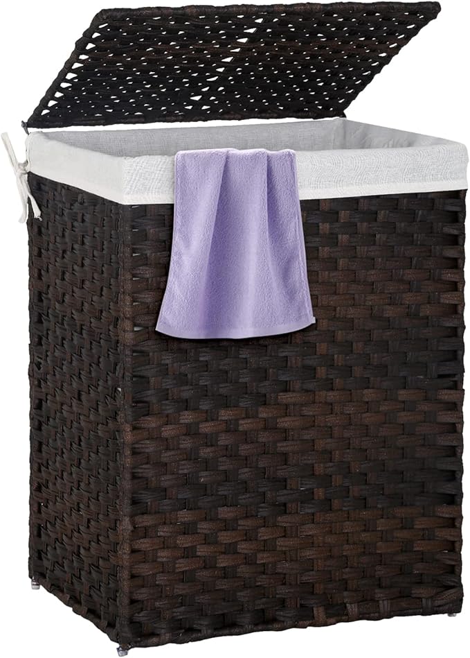 Paylesshere Laundry Hamper Handwoven Laundry Basket 90L/110L Foldable Rattan Laundry Hamper With Lid,2 Removable Liner Bags & 6 Laundry Bags,Clothes Hamper for Bathroom, Brown