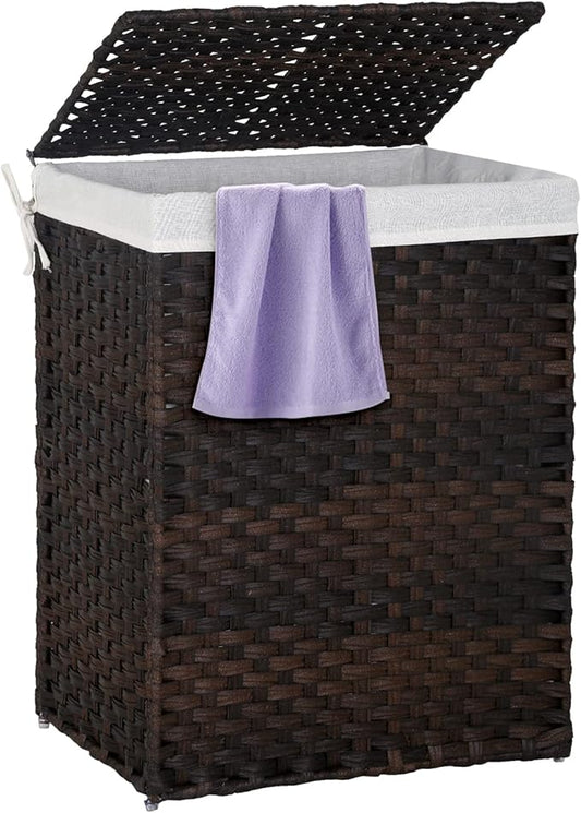 Paylesshere Laundry Hamper Handwoven Laundry Basket 90L/110L Foldable Rattan Laundry Hamper With Lid,2 Removable Liner Bags & 6 Laundry Bags,Clothes Hamper for Bathroom, Brown