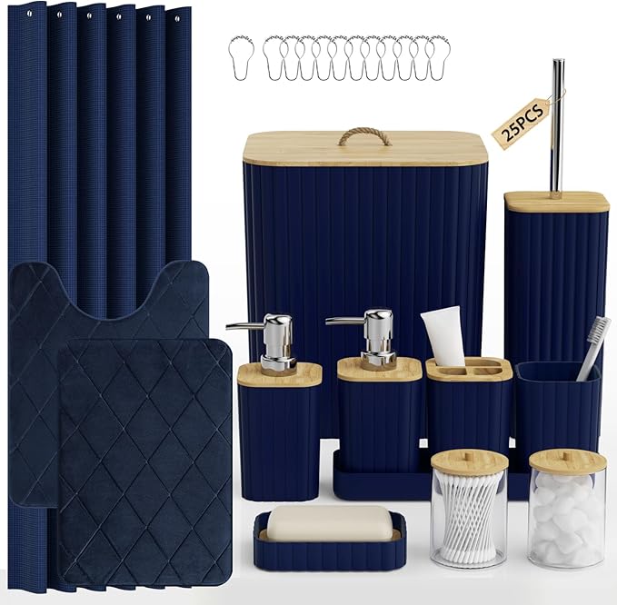 Bathroom Accessory Set - 25PC Bathroom Sets with Shower Curtain and Rugs, Navy Blue Bathroom Set, Bathroom Accessories Set, Shower Curtain Sets with Rugs, Bathroom Trash Can & Soap Dispenser