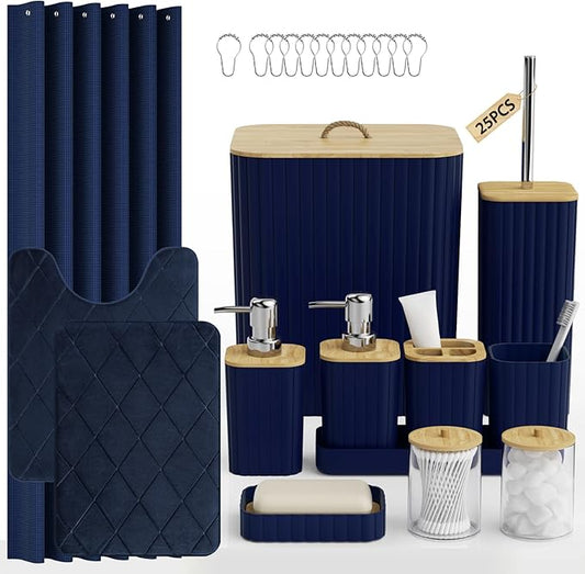Bathroom Accessory Set - 25PC Bathroom Sets with Shower Curtain and Rugs, Navy Blue Bathroom Set, Bathroom Accessories Set, Shower Curtain Sets with Rugs, Bathroom Trash Can & Soap Dispenser