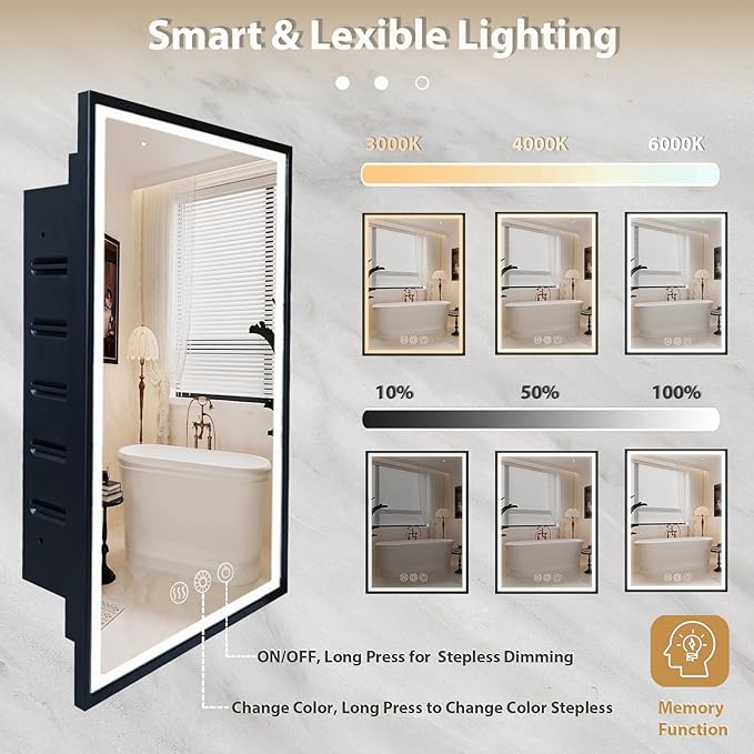 LED Lighted Medicine Cabinet with Mirror, Recessed or Wall Mounted Bathroom Mirror with Storage, Anti-Fog, 3-Color Dimming, Adjustable Shelves, Black Metal Frame - 20x26 inch