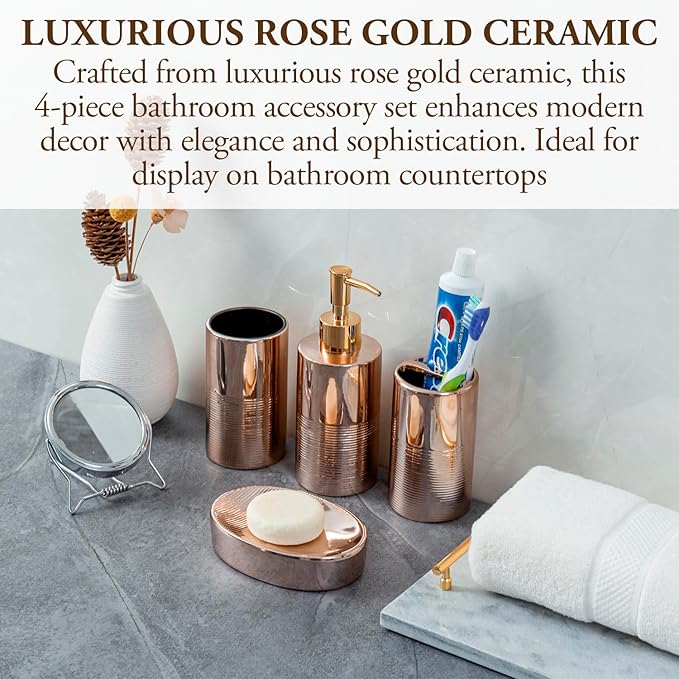 MyGift 4 Pcs Ceramic Bathroom Accessories Set, Toothbrush Holder with Lotion Soap Dispenser, Soap Dish, Tumbler, Pink Bathroom Set for Girl, Rose Gold Bathroom Decor