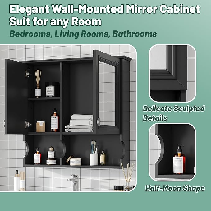 Bathroom Wall Cabinet with Mirror, Medicine Cabinet with 2 Doors and Adjustable Shelf, Space Saver Storage Cabinets Over The Toilet for Bathroom (30'' x 28'')