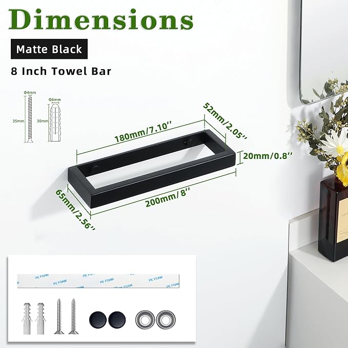 Alise Hand Towel Holder,Wall Mount Towel Bar for Bathroom,Towel Rack for Lavatory,8 Inch Towel Hanger SUS304 Stainless Steel Towel Rail,Matte Black