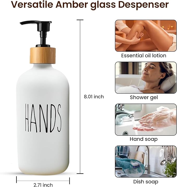 Sunrise Premium 16 OZ Thick White & Black Glass Soap Dispenser, Bamboo Pump with Tray 2 Pack, Hand and Dish Soap Dispenser Set for Bathroom with 6 Waterproof Labels