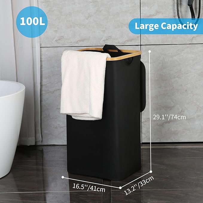 efluky Laundry Basket with Lid and Removable Bag, 100L Tall Laundry Hamper with Bamboo Handles, Aesthetic Dirty Clothes Bin for Laundry Room, Bathroom, Bedroom and Dorm, Black
