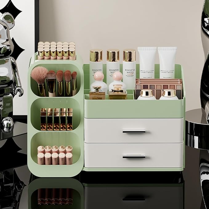 Makeup Organizer for Vanity, Large Capacity Cosmetic Display Case with Drawers, Countertop Beauty Storage Holder for Skincare, Brush Eyeliner Eyeshadow Lipsticks, Counter Desk, Cream Green