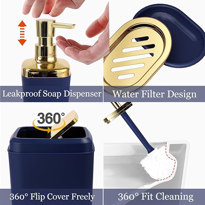 XLHOMO Bathroom Set - Navy Blue Bathroom Sets with Shower Curtain and Rugs, 24PCS Shower Curtain Set with Hooks, Soap Dispenser, Soap Dish, Toilet Brush Holder and Trash Can for Housewarming