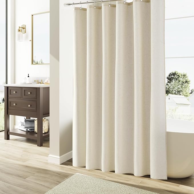 Naturoom Warm Beige Linen Shower Curtain, Country Boho Farmhouse Bath Decor Shower Curtains Neutral Cloth Weighted Textured Fabric Bath Curtain Liner with Hooks, 72x84