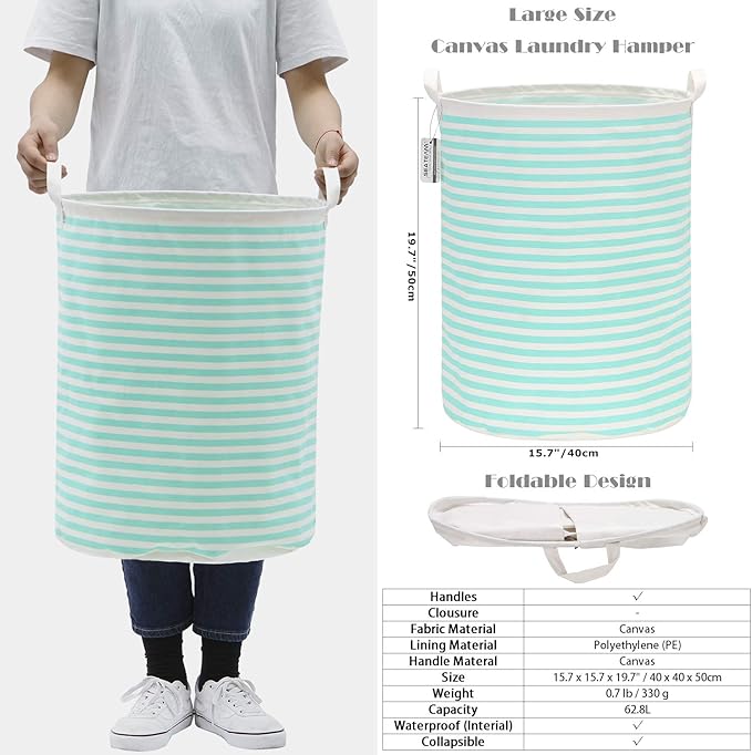 Sea Team 19.7 Inches Large Sized Waterproof Coating Ramie Cotton Fabric Folding Laundry Hamper Bucket Cylindric Burlap Canvas Storage Basket (19.7", Stripe/Mint)
