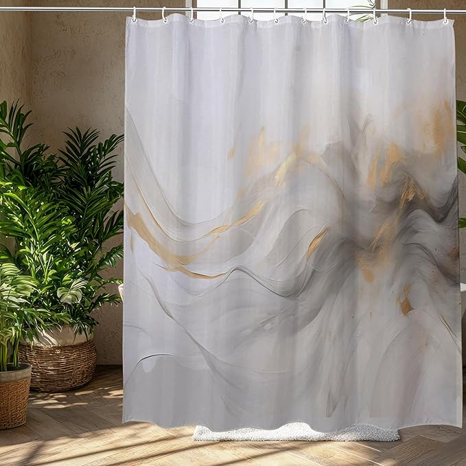 Grey Marble Shower Curtain Abstract Wave Smokey,White Gold Dreamy Romantic Fabric Shower Curtains for Bathroom Decor 72x72 Inch