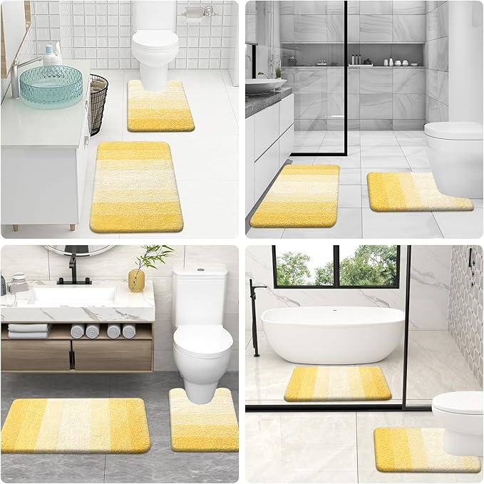 OLANLY Bathroom Rugs Sets 3 Piece, Soft Absorbent Microfiber Bath Mats and U-Shaped Contour Toilet Rug, Plush Shaggy Bath Mat Set for Bathroom (36"x24"+24"x16"+24"x20", Yellow)