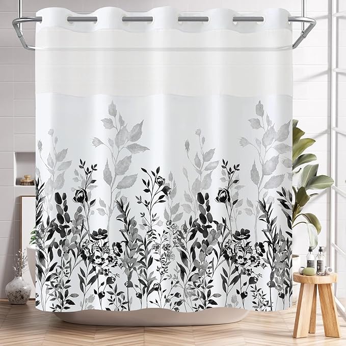 Neasow No Hook Shower Curtain with Snap in Liner, Plant and Flower Curtains with Waterproof Inner Liner for Bathroom, Black and Grey 72×74 inches
