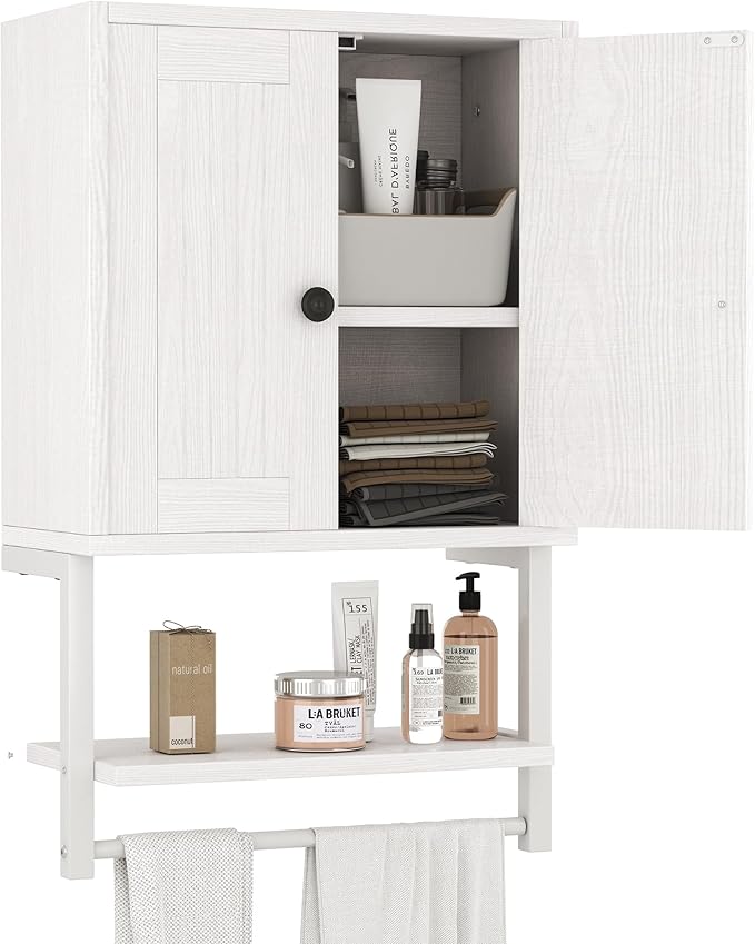 Homeiju Small Farmhouse Style Rustic Medicine Cabinet with Two Barn Doors, Wooden Wall Mounted Storage Cabinet with Shelf and Towel Bar for Bathroom, Living Room, Kitchen, White