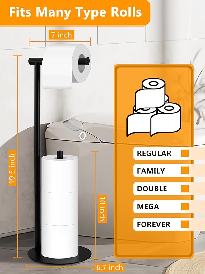 Toilet Paper Holder Stand, Free Standing Toilet Paper Roll Stand with Reserve for Bathroom, Stainless Steel, Black