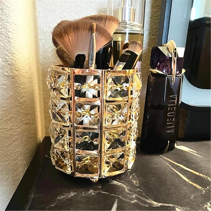 LUGUNU Makeup Brush Holder Organizer Crystal Vanity Decor Bling Personalized Comb Brushes Pen Storage Box Container (Gold 1 Pack)