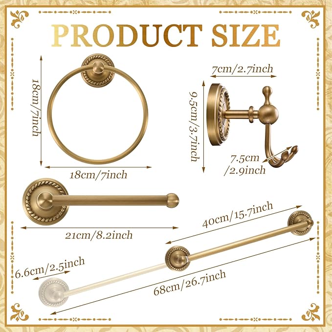 4 Pcs Antique Brass Gold Bathroom Accessories Set Wall-Mounted Adjustable Towel Rack & Round Towel Ring & Toilet Paper Holder & Robe Hook, Wall Mounted Brass Vintage Bath Hardware Set